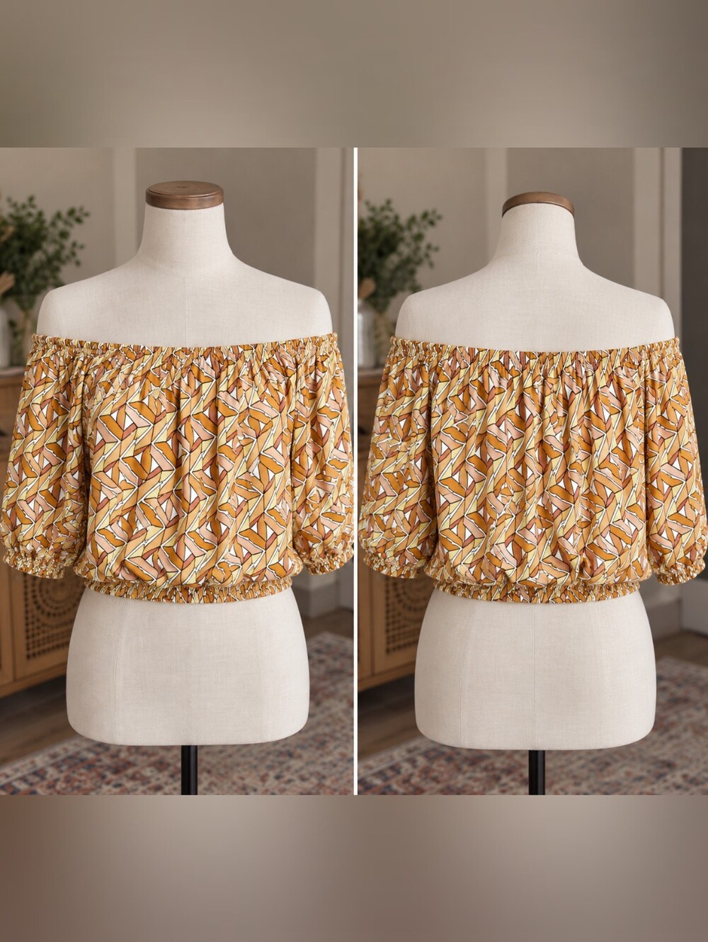 Hurley City Block terracota yellow multi geometric print Off the Shoulder blouse